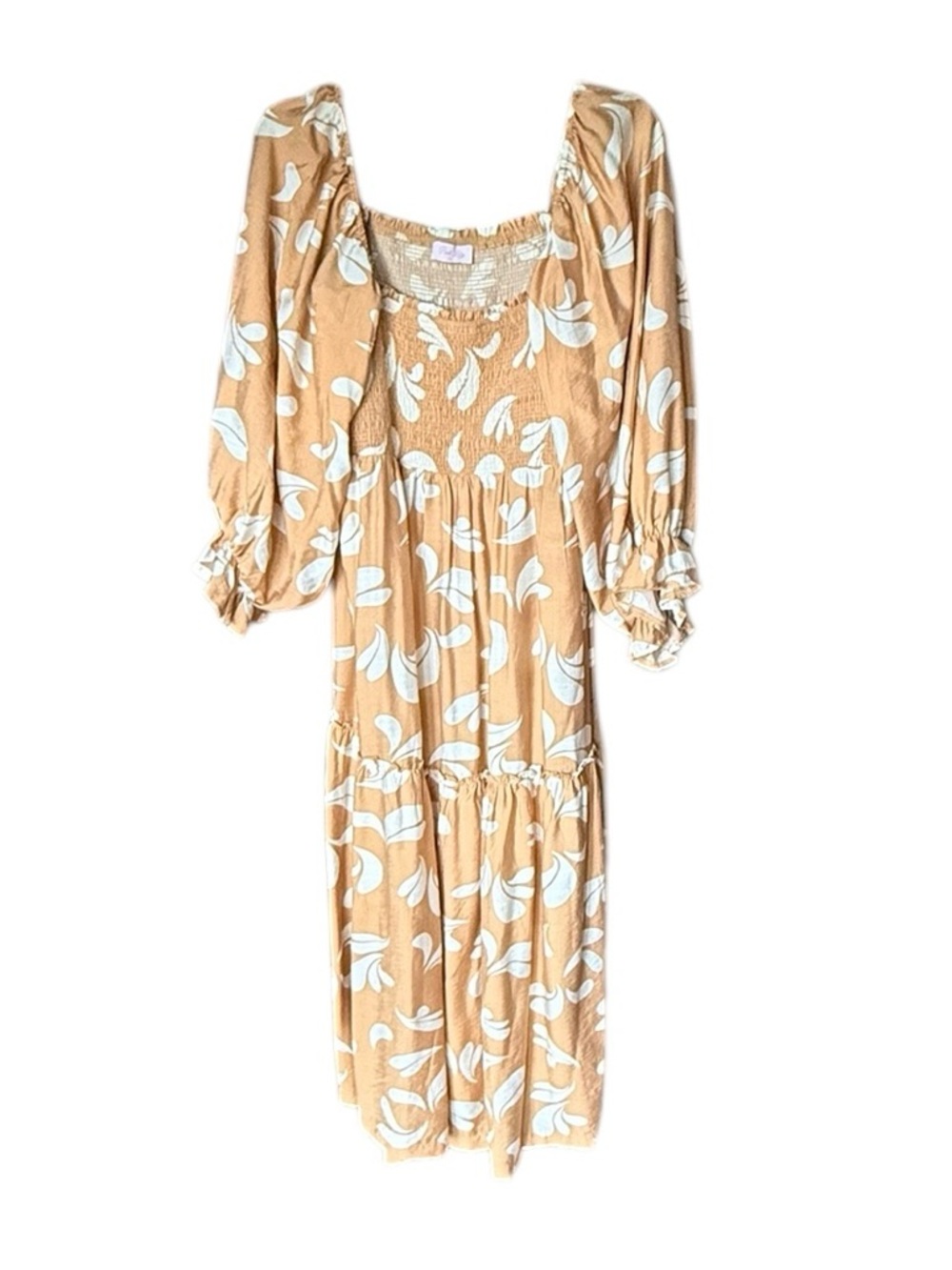 Pink Lily Tan and White Smocked Off-the-Shoulder Maxi Dress, XL - Picture 4 of 9